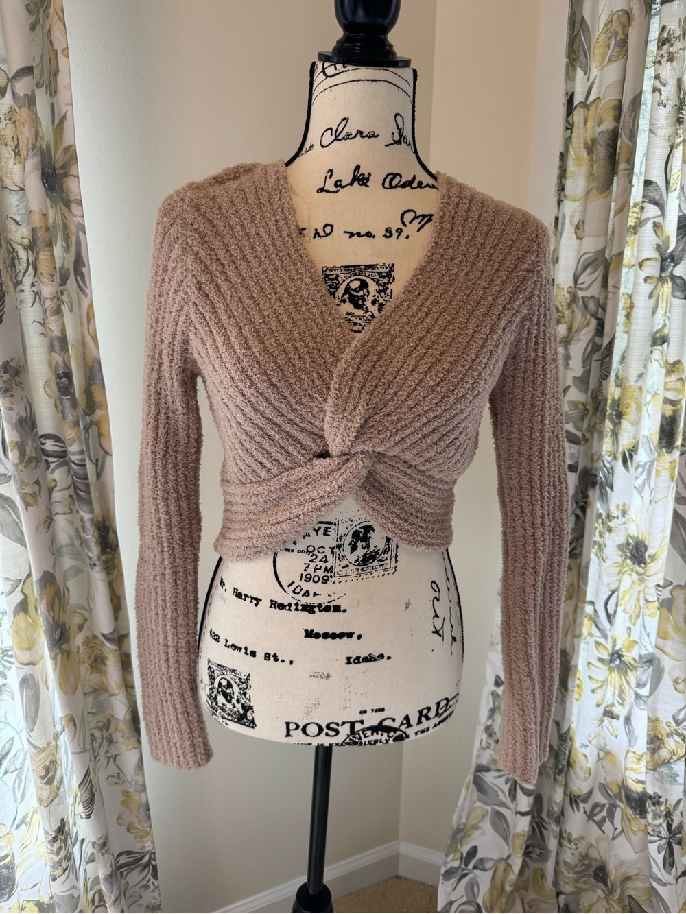 Windsor Twist-Front V-Neck Sweater in Taupe